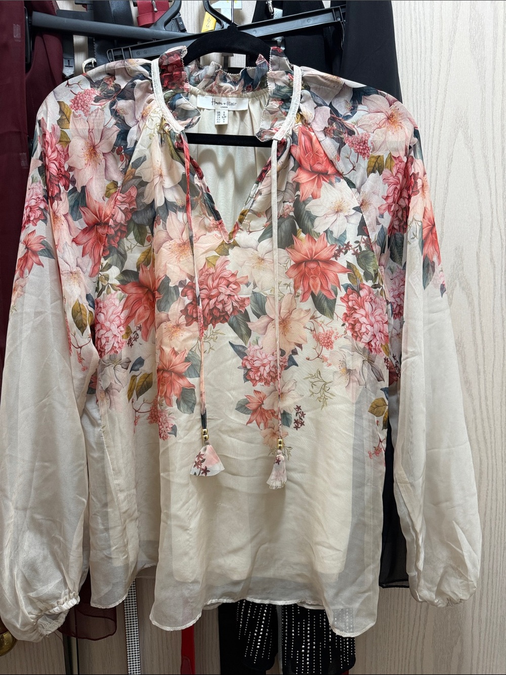 Haver+ Blair SZ S Cream Floral Blouse Pink Coral Blooms Sheer w/ lining